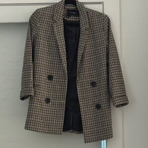 Stradivarius Black and Cream Plaid Blazer